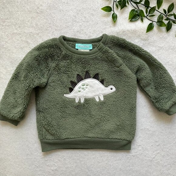 Pekkle 9M Olive Green Dinosaur Fuzzy Sweatshirt VGUC Baby Boy - Picture 1 of 16